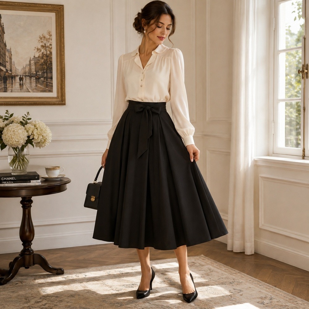 Belle Poque A-Line Midi Swing Skirt Size L Black Tie Waist Dark Academia Retro